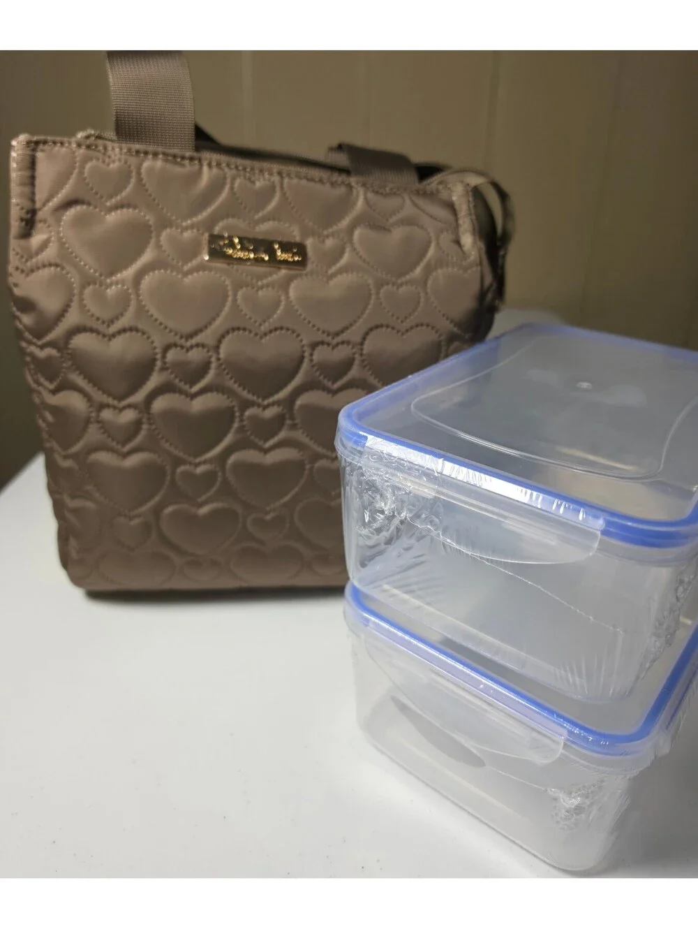 Betsey Johnson Taupe Heart Quilted Tote Bag with Two Clear Storage Containers